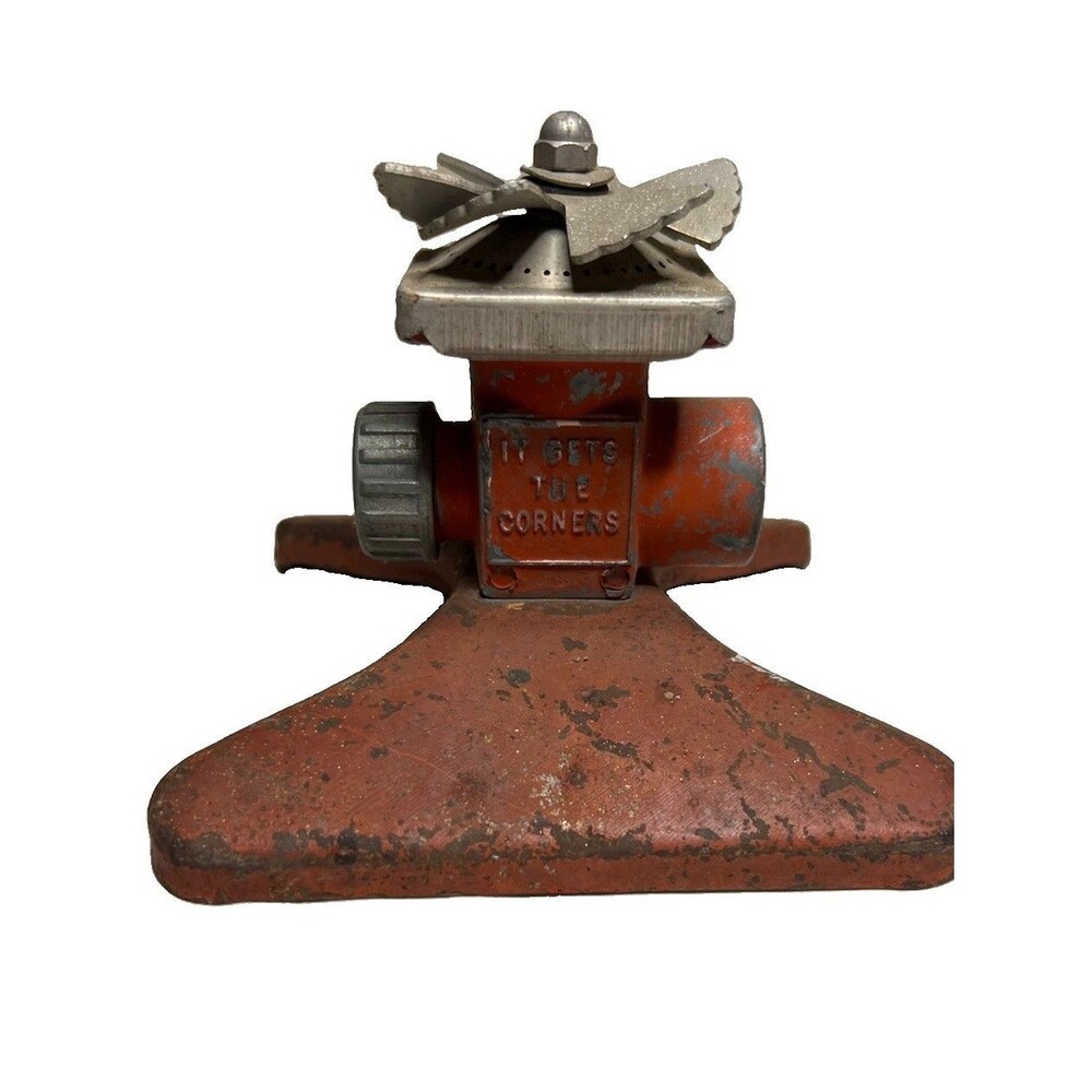 It Gets The Corners, Square Spray Metal Lawn Spray Sprinkler, Red, Vintage